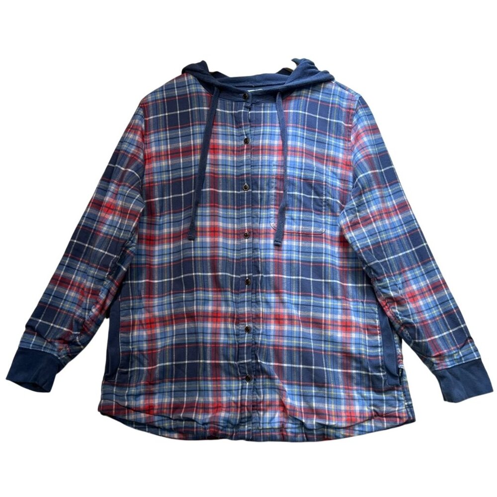 L.L.Bean Mens Flannel Relaxed Fit Hoodie Overshirt Long Sleeve Size L Blue Plaid